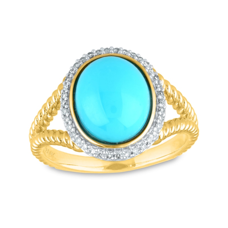 Oval Turquoise and 1/10 CT. T.W. Diamond Frame Rope-Textured Split Shank Ring in 14K Gold