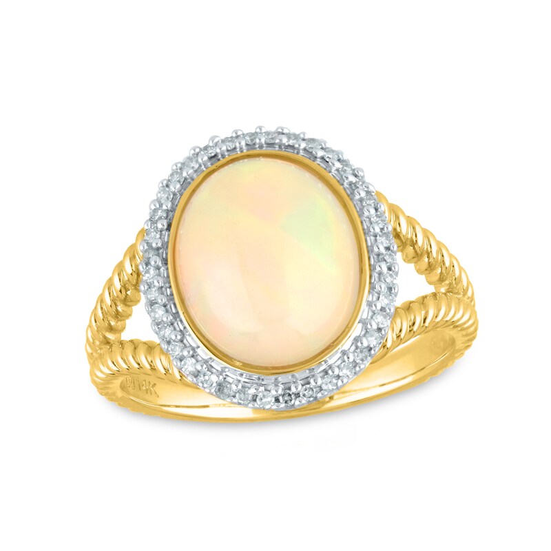 Main Image 1 of Oval Opal and 1/10 CT. T.W. Diamond Frame Rope-Textured Split Shank Ring in 14K Gold