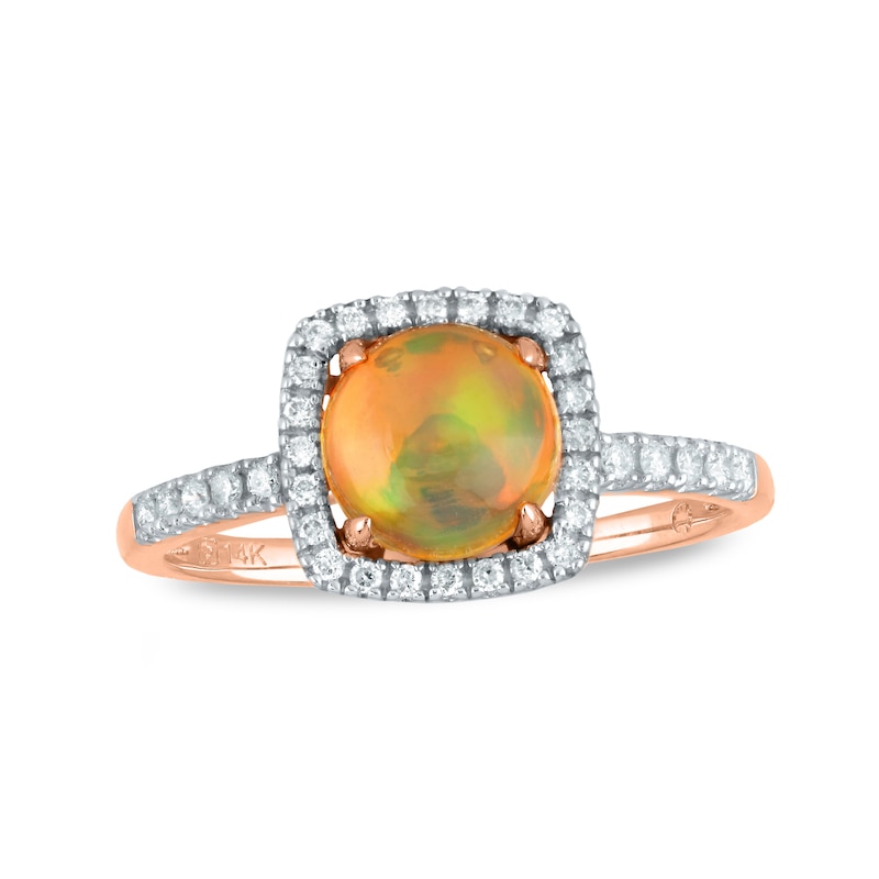 Main Image 1 of 7.0mm Opal and 1/5 CT. T.W. Diamond Cushion Frame Ring in 14K Rose Gold