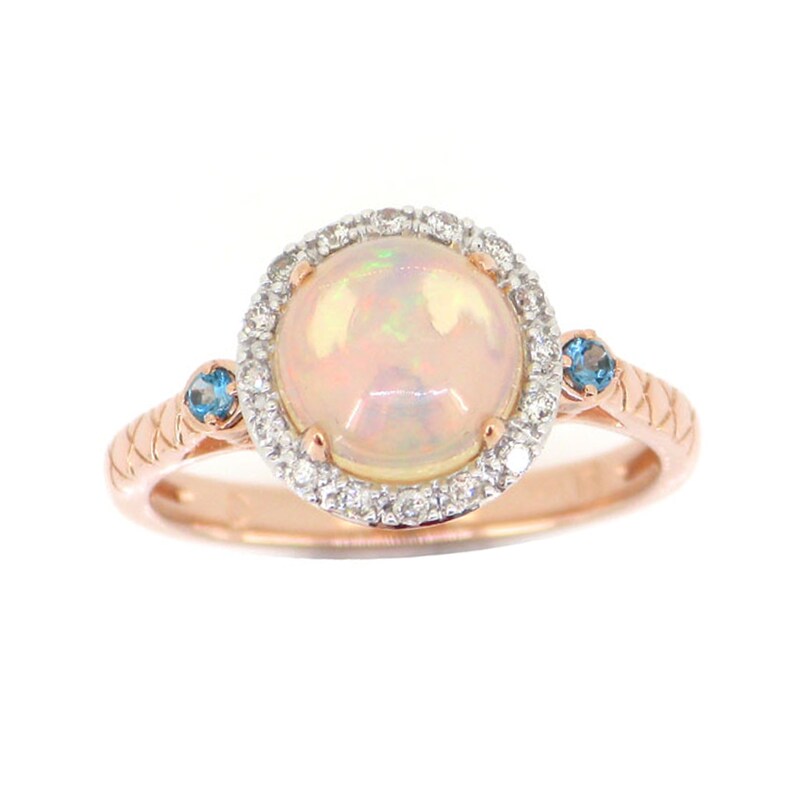 Main Image 1 of 8.0mm Opal, Blue Topaz and 1/8 CT. T.W. Diamond Frame Diamond-Cut Shank Ring in 14K Rose Gold