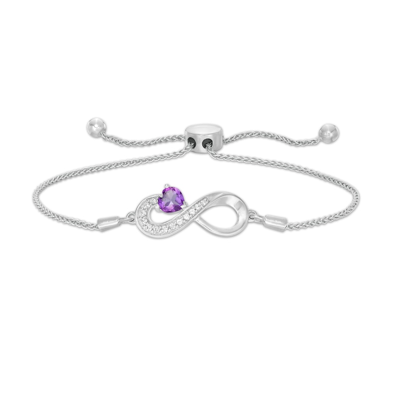 Main Image 1 of 5.0mm Heart-Shaped Amethyst and White Lab-Created Sapphire Infinity Bolo Bracelet in Sterling Silver - 9.5"