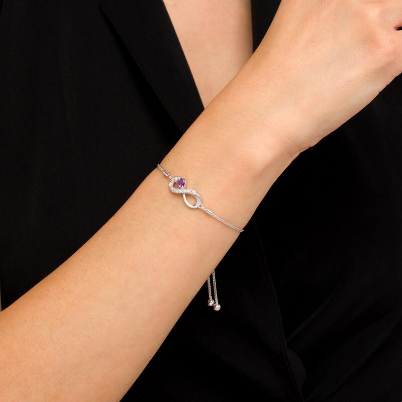 Main Image 2 of 5.0mm Heart-Shaped Amethyst and White Lab-Created Sapphire Infinity Bolo Bracelet in Sterling Silver - 9.5"