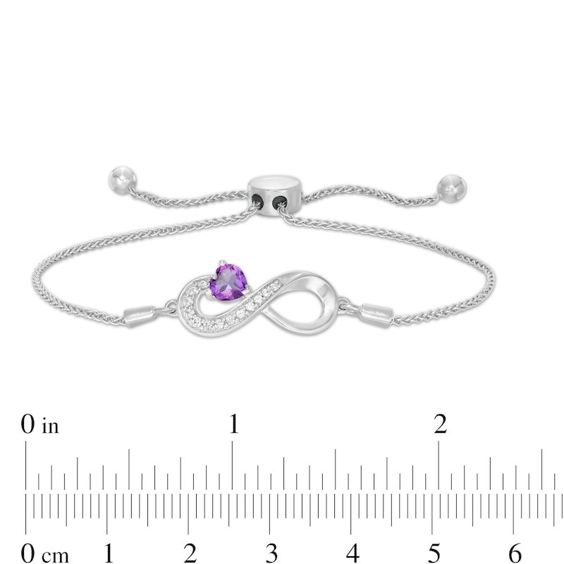 5.0mm Heart-Shaped Amethyst and White Lab-Created Sapphire Infinity Bolo Bracelet in Sterling Silver - 9.5"