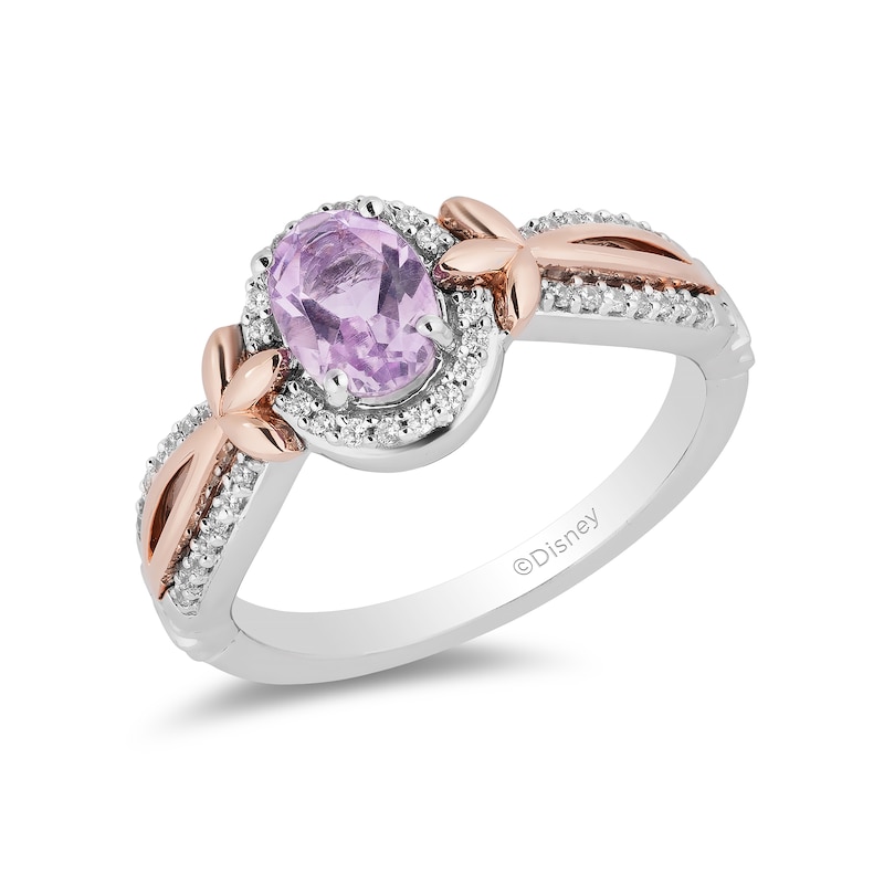 Main Image 1 of Enchanted Disney Rapunzel Oval Amethyst and 1/6 CT. T.W. Diamond Ring in Sterling Silver and 10K Rose Gold