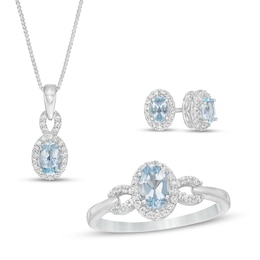 Oval Aquamarine and White Lab-Created Sapphire Frame Pendant, Stud Earrings and Ring Set in Sterling Silver - Size 7