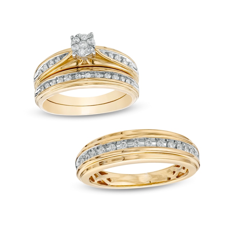 1/2 CT. T.W. Composite Diamond Wedding Ensemble in 10K Two-Tone Gold - Size 7 and 10.5
