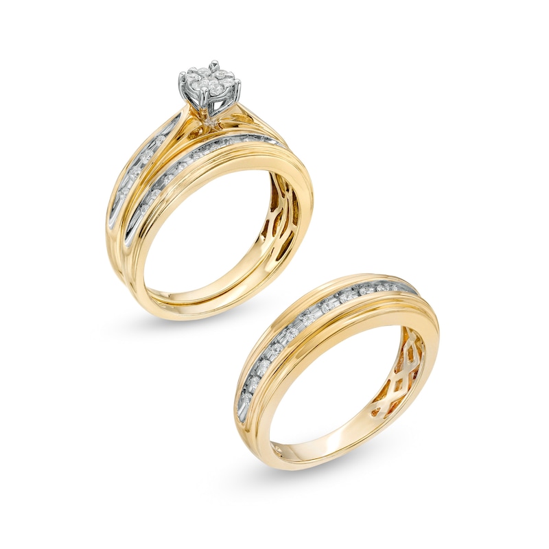 Main Image 3 of 1/2 CT. T.W. Composite Diamond Wedding Ensemble in 10K Two-Tone Gold - Size 7 and 10.5