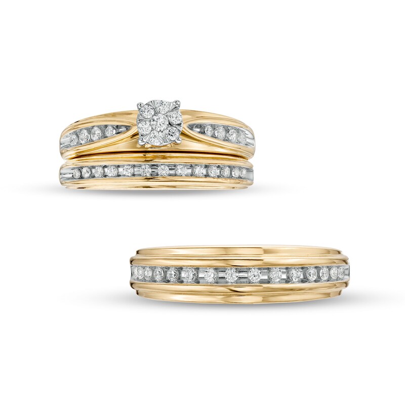 Main Image 5 of 1/2 CT. T.W. Composite Diamond Wedding Ensemble in 10K Two-Tone Gold - Size 7 and 10.5