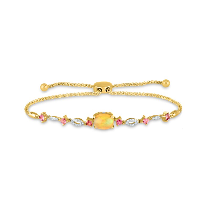 Main Image 1 of Oval Opal, Princess-Cut Pink Tourmaline and 1/8 CT. T.W. Diamond Marquise Link Bolo Bracelet in 10K Gold - 9.5"