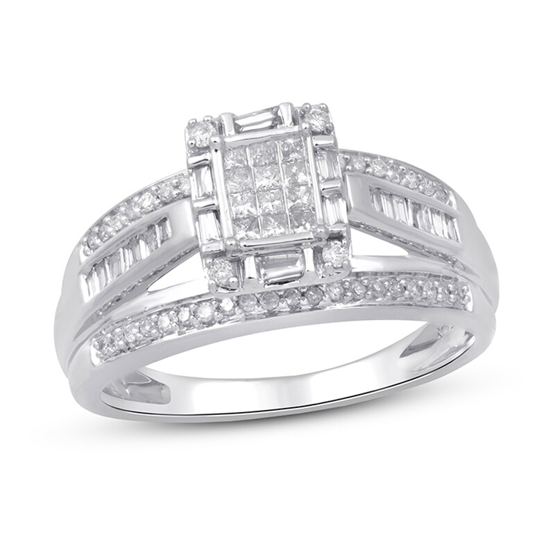 Main Image 1 of 1/2 CT. T.W. Multi-Stone Diamond Frame Split Shank Engagement Ring in 10K White Gold