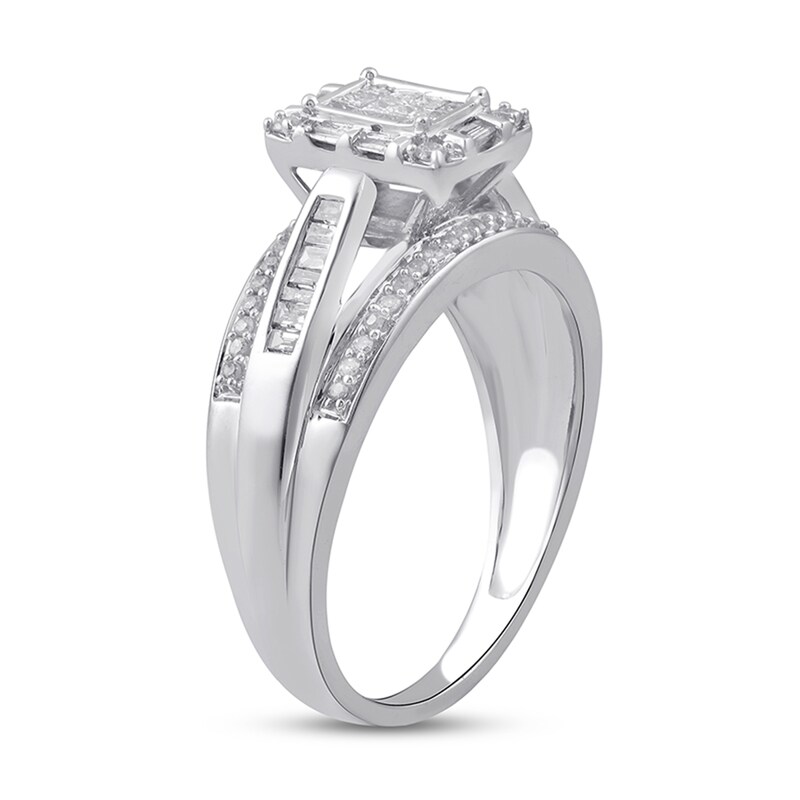 Main Image 2 of 1/2 CT. T.W. Multi-Stone Diamond Frame Split Shank Engagement Ring in 10K White Gold