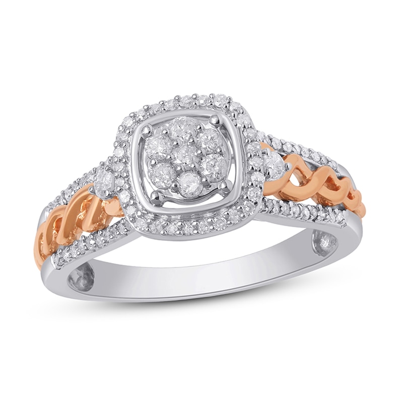 Main Image 1 of 1/3 CT. T.W. Diamond Cushion Frame Engagement Ring in Sterling Silver and 14K Rose Gold