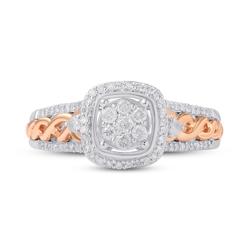 Main Image 3 of 1/3 CT. T.W. Diamond Cushion Frame Engagement Ring in Sterling Silver and 14K Rose Gold