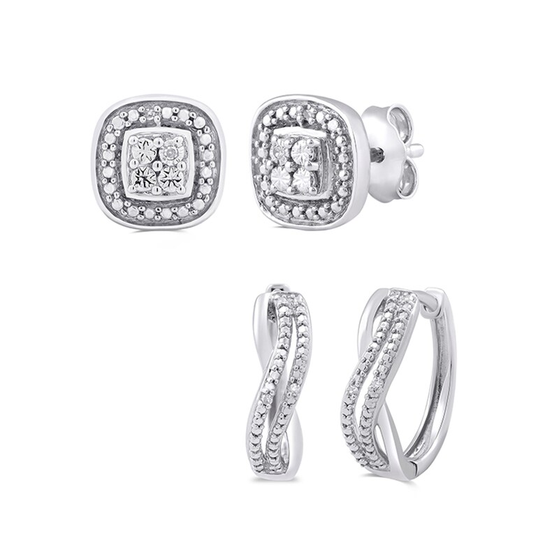 Diamond Accent Beaded Stud and Wavy Hoop Earrings Set in Sterling Silver