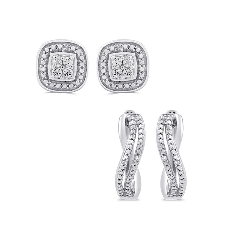 Diamond Accent Beaded Stud and Wavy Hoop Earrings Set in Sterling Silver