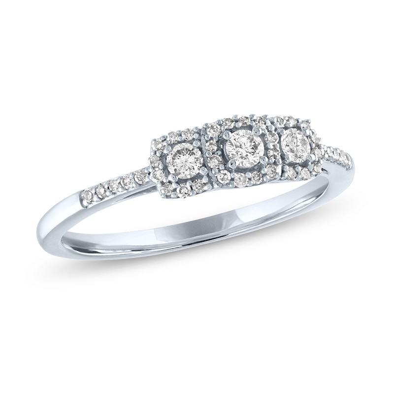 Main Image 1 of 1/4 CT. T.W. Diamond Three Stone Cushion Frame Promise Ring in 10K White Gold