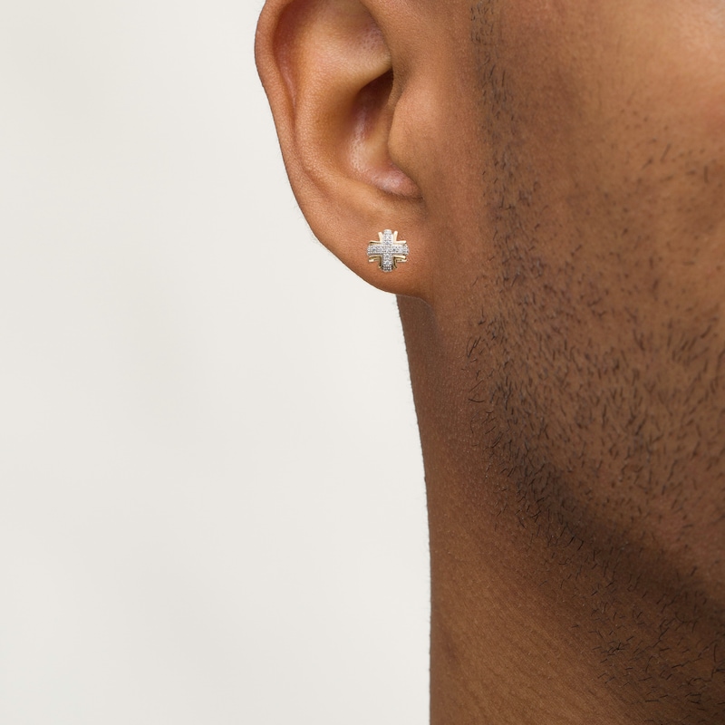 Men's 1/20 CT. T.W. Diamond Beaded Layered Cross Stud Earrings in 10K Gold