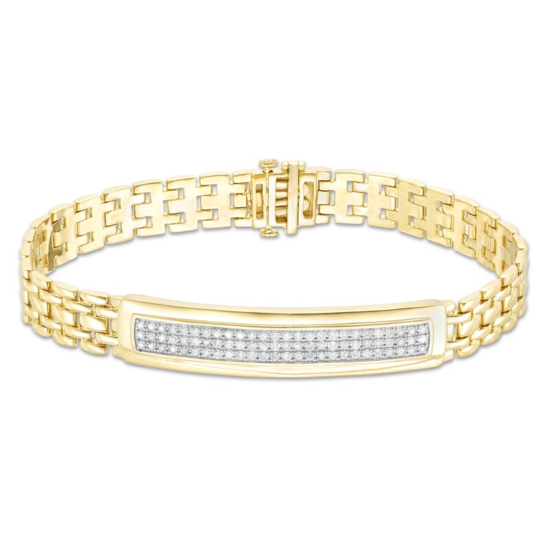Main Image 1 of Men's 1 CT. T.W. Diamond Triple Row ID Bracelet in Sterling Silver with 14K Gold Plate - 8.5"