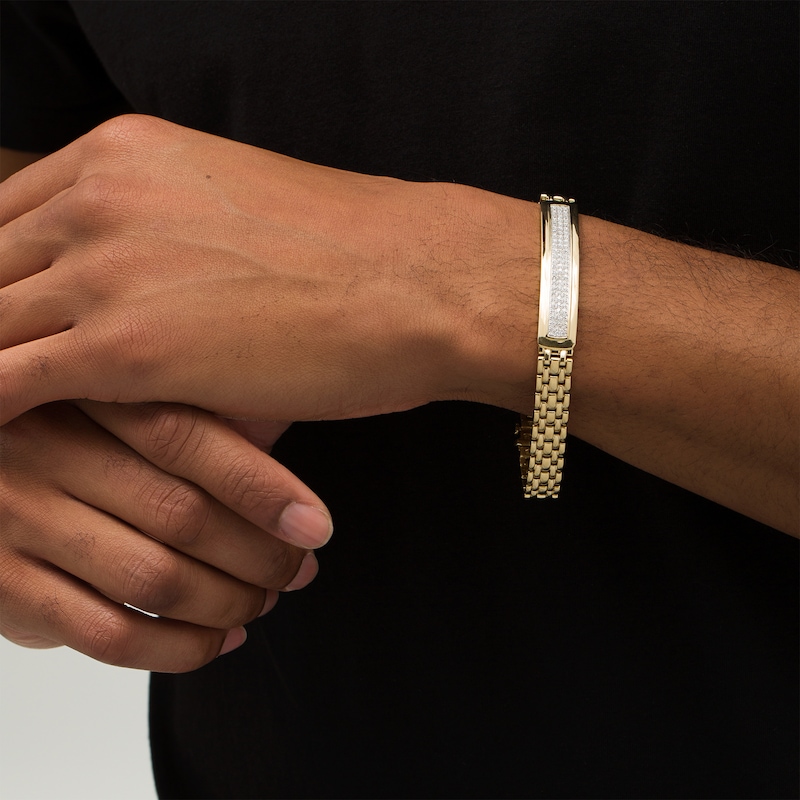 Main Image 2 of Men's 1 CT. T.W. Diamond Triple Row ID Bracelet in Sterling Silver with 14K Gold Plate - 8.5"