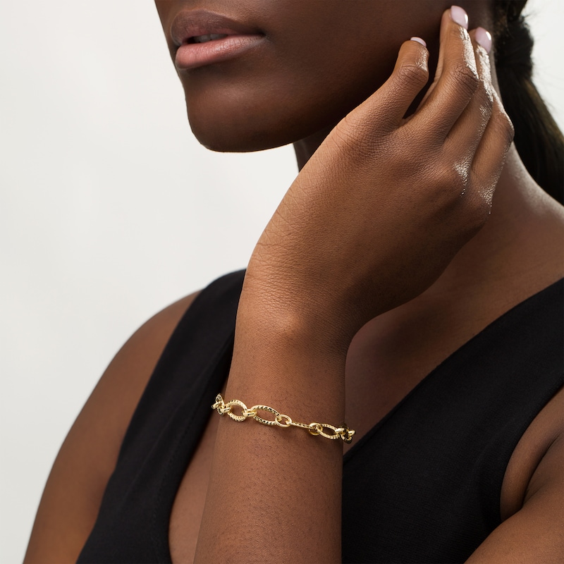 Main Image 2 of 8.75mm Multi-Finish Oval Link Chain Bracelet in Hollow 10K Gold - 7.5