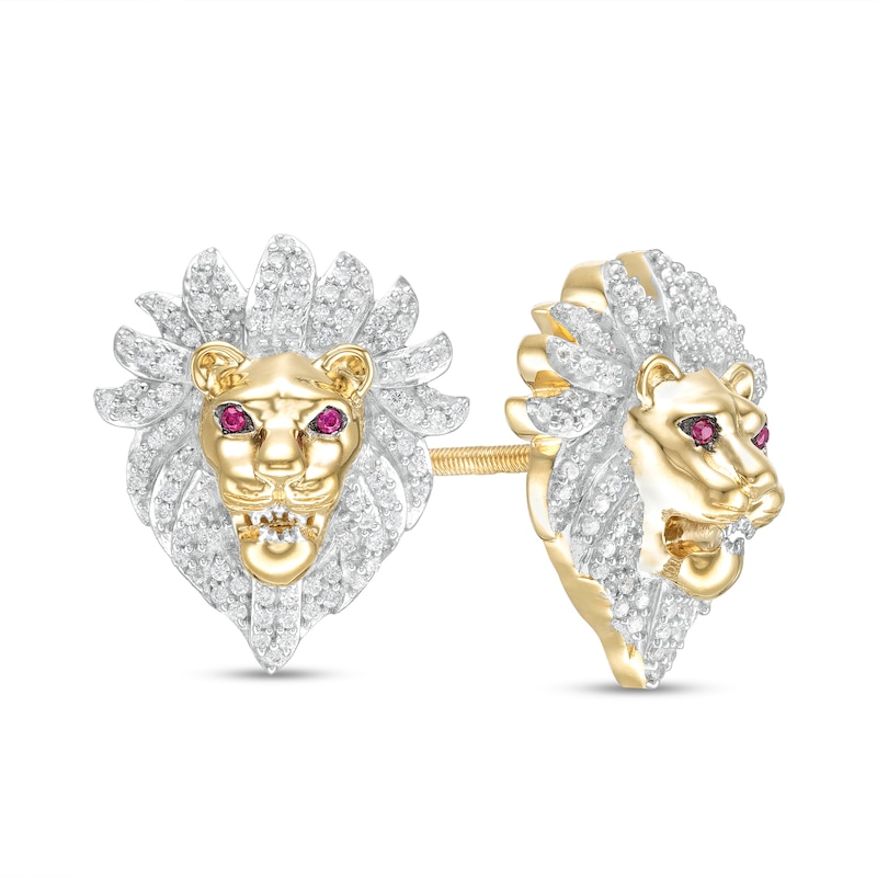 Main Image 1 of Men's 1/2 CT. T.W. Diamond and Lab-Created Ruby Lion Head Stud Earrings in 10K Gold