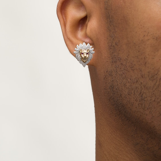 Men's 1/2 CT. T.W. Diamond and Lab-Crea Men's 1/2 CT. T.W. Diamond and Lab-Created Ruby Lion Head Stud Earrings in 10K Gold
