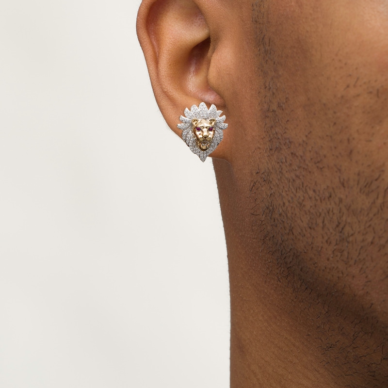 Main Image 2 of Men's 1/2 CT. T.W. Diamond and Lab-Created Ruby Lion Head Stud Earrings in 10K Gold