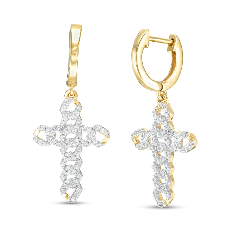 Men's 1/4 CT. T.W. Diamond Curb Chain Cross Drop Earrings in 10K Gold