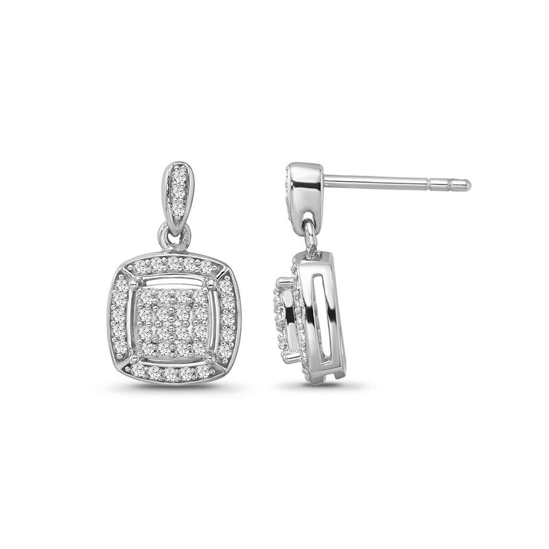 1/3 CT. T.W. Composite Diamond Cushion Frame Drop Earrings in Sterling Silver