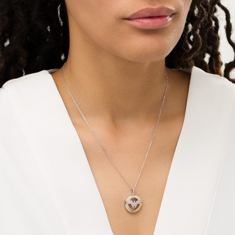 Main Image 2 of Wonder Woman™ Collection 1/10 CT. T.W. Diamond Symbol Circle Pendant in Sterling Silver and 10K Gold