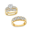 Thumbnail Image 1 of 1-1/5 CT. T.W. Composite Diamond Chevron Pattern Wedding Ensemble in 10K Gold - Size 7 and 10