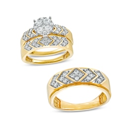1-1/5 CT. T.W. Composite Diamond Chevron Pattern Wedding Ensemble in 10K Gold - Size 7 and 10