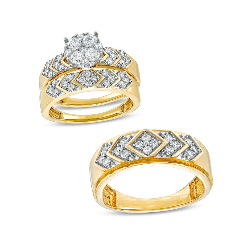 Main Image 1 of 1-1/5 CT. T.W. Composite Diamond Chevron Pattern Wedding Ensemble in 10K Gold - Size 7 and 10