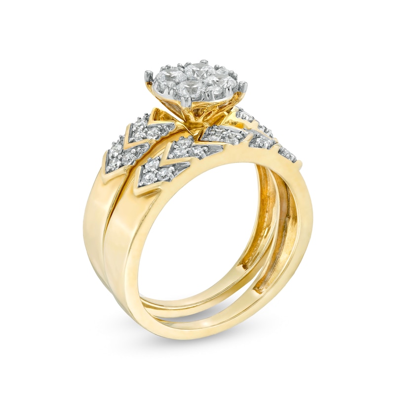Main Image 3 of 1-1/5 CT. T.W. Composite Diamond Chevron Pattern Wedding Ensemble in 10K Gold - Size 7 and 10