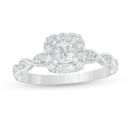5/8 CT. T.W. Princess-Cut Diamond Cushion Frame Vintage-Style Engagement Ring in 14K White Gold (I/I2)
