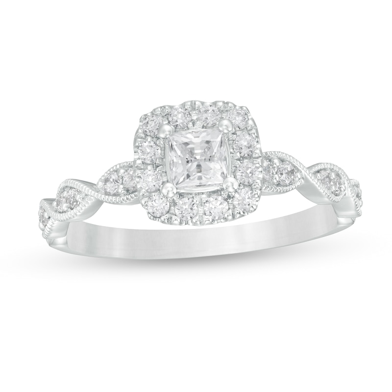 Main Image 1 of 5/8 CT. T.W. Princess-Cut Diamond Cushion Frame Vintage-Style Engagement Ring in 14K White Gold (I/I2)