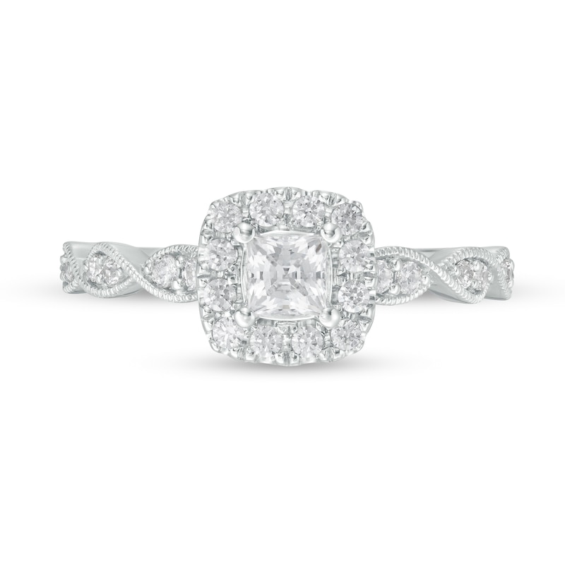 Main Image 4 of 5/8 CT. T.W. Princess-Cut Diamond Cushion Frame Vintage-Style Engagement Ring in 14K White Gold (I/I2)