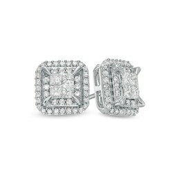 3/4 CT. T.W. Quad Princess-Cut Diamond Double Frame Stud Earrings in 10K White Gold