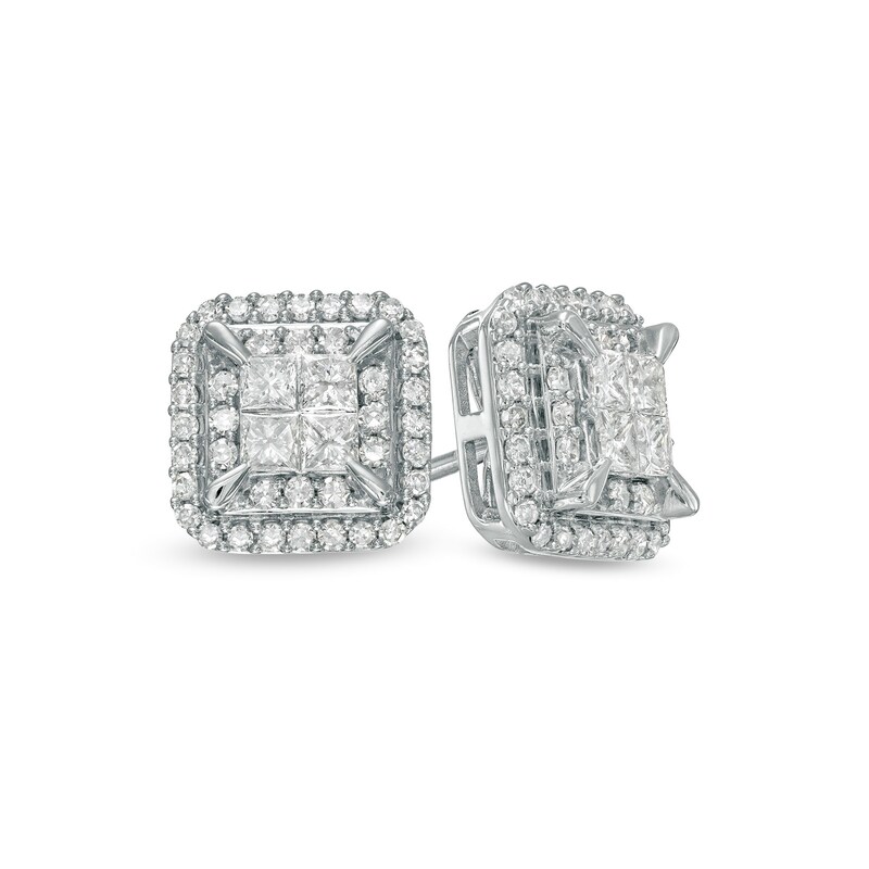Main Image 1 of 3/4 CT. T.W. Quad Princess-Cut Diamond Double Frame Stud Earrings in 10K White Gold