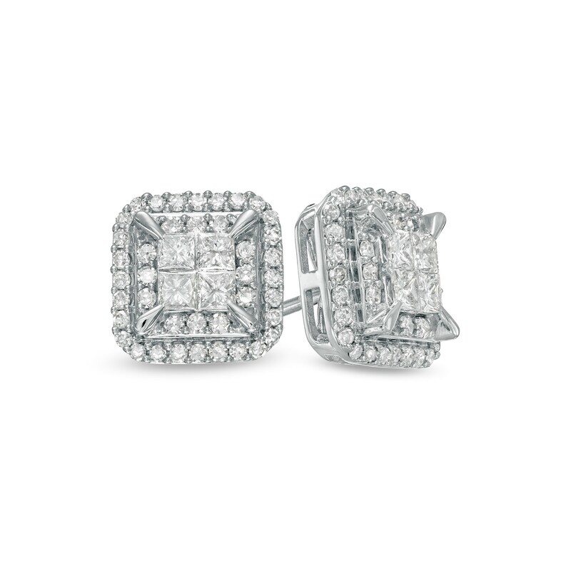 3/4 CT. T.W. Quad Princess-Cut Diamond Double Frame Stud Earrings in 10K White Gold