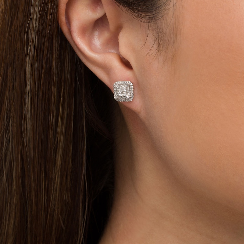 3/4 CT. T.W. Quad Princess-Cut Diamond Double Frame Stud Earrings in 10K White Gold