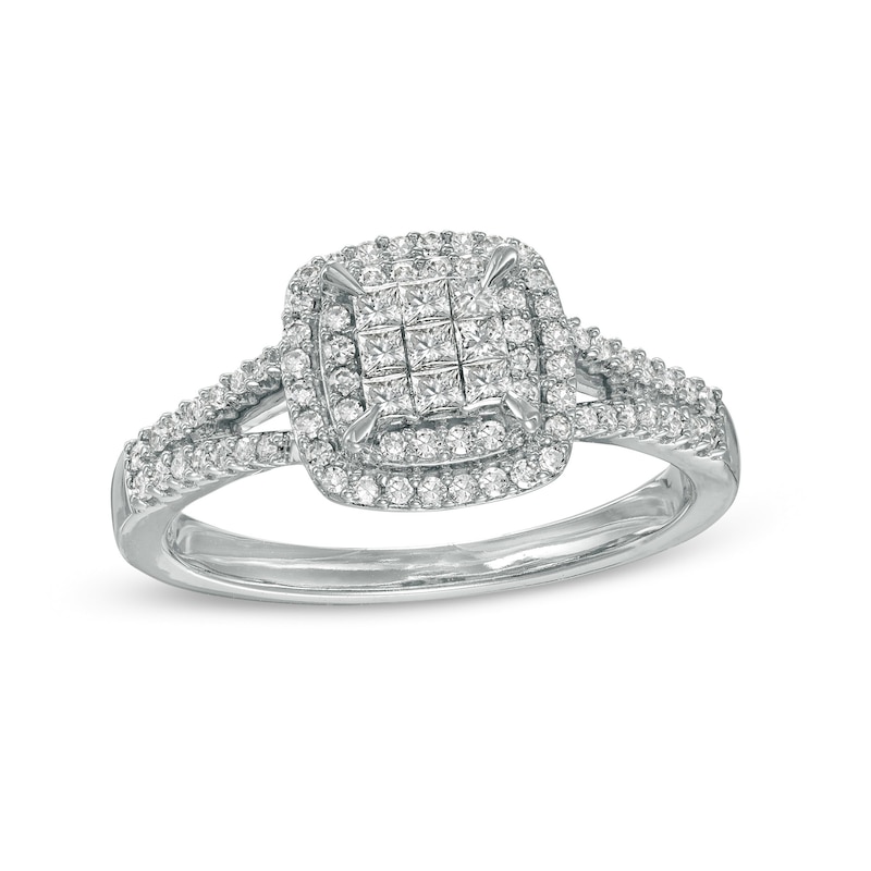 Main Image 1 of 1/2 CT. T.W. Composite Cushion-Shaped Diamond Double Frame Split Shank Ring in 10K White Gold