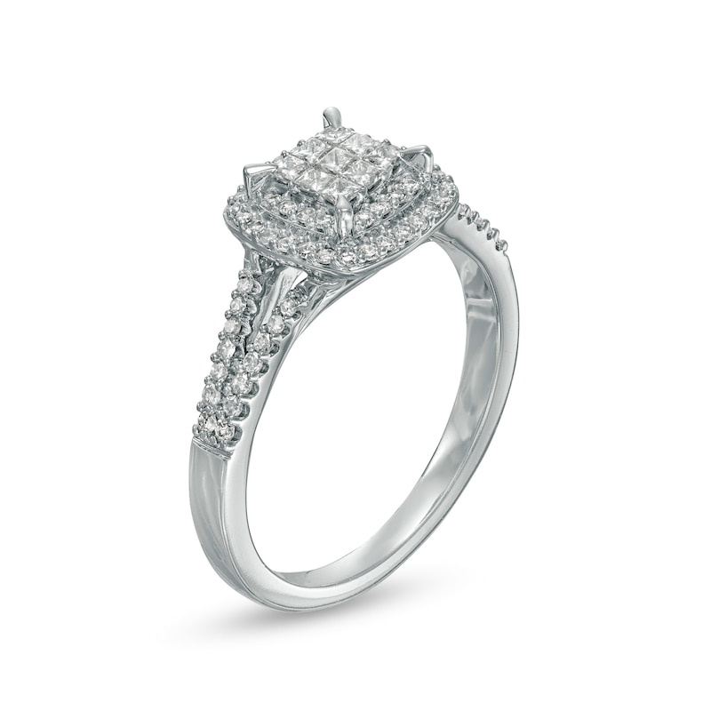 Main Image 3 of 1/2 CT. T.W. Composite Cushion-Shaped Diamond Double Frame Split Shank Ring in 10K White Gold