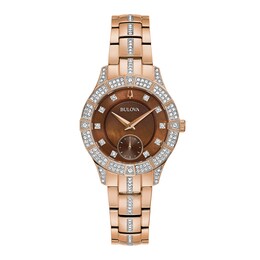 Ladies' Bulova Phantom Crystal Accent Rose-Tone Watch with Brown Mother-of-Pearl Dial (Model: 98L284)