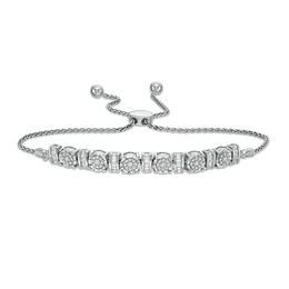 1/2 CT. T.W. Baguette and Round Diamond Alternating Curved Bar Bolo Bracelet in Sterling Silver – 9.5&quot;