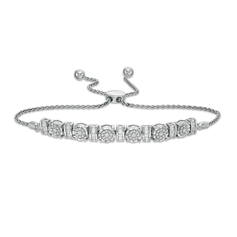 Main Image 1 of 1/2 CT. T.W. Baguette and Round Diamond Alternating Curved Bar Bolo Bracelet in Sterling Silver – 9.5"