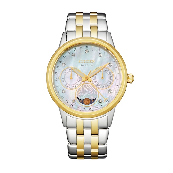 Ladies' Citizen Eco-Drive® Calendrier Diamond Two-Tone Chronograph Watch with Mother-of-Pearl Dial (Model: FD0004-51D)