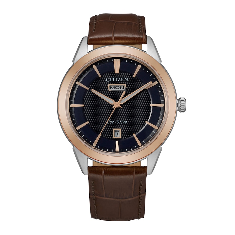 Main Image 1 of Men's Citizen Eco-Drive® Corso Two-Tone Brown Strap Watch with Navy Blue Dial (Model: AW0096-06L)