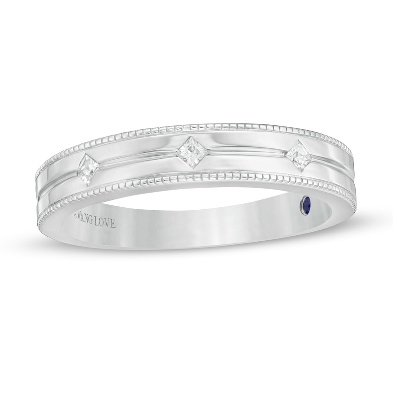 Main Image 1 of Vera Wang Men's 1/10 CT. T.W. Square-Cut Diamond Three Stone Wedding Band in 14K White Gold