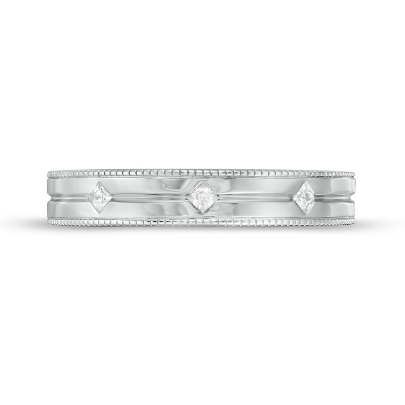 Main Image 4 of Vera Wang Men's 1/10 CT. T.W. Square-Cut Diamond Three Stone Wedding Band in 14K White Gold